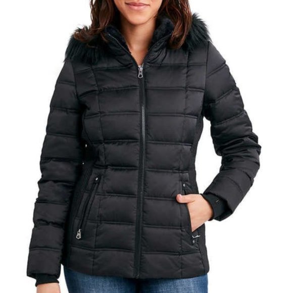 Nautica Womens Faux Fur Trim Hooded Midweight Puffer Jacket BLACK - Picture 5 of 12